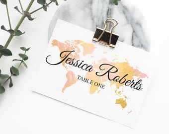 Reisethema Hochzeit Tischkartenvorlage - Blush and Gold Map Place Card - Sofortiger Download, bearbeiten, drucken und trimmen - Food-Symbole verfügbar