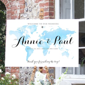 Kaart aquarel welkomstbord voor bruiloften en evenementen - aangepaste sjabloon DIY - direct bewerken en downloaden - thema-evenement reizen