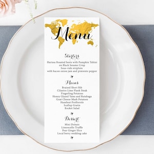 Wedding or Event Menu - Customized Printable Travel Theme Menu Template - World Map, Edit and Instant Download, Gold Map Menu