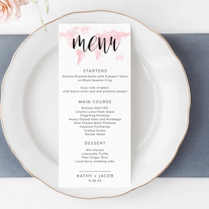 Aquarell Weltkarte Menü - Reise Themen Hochzeiten Vorlage - Hochzeitstag Briefpapier - DIY Custom Menu