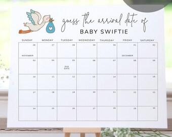 Calendario de fecha de parto, juego de baby shower, flores, adivinar la fecha de nacimiento del bebé, predicción editable del bebé, juego de fecha de parto, calendario de cigüeñas