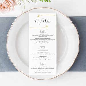 Customized Printable Travel Theme Menu - Wedding Menu - Event Menu - Gold Plane Menu