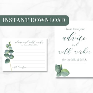 Advice and Well Wishes for the Mr and Mrs. - Eucalyptus Advice Cards - Instant Download - Wedding, Engagement Party Games