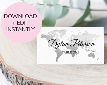 Silver Map Travel Theme Wedding Place Card Template - Where in the World am I Sitting? - Wedding Printable - Calligraphy Names
