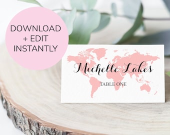 Pink Map Travel Theme Wedding Place Card Template - Where in the World am I Sitting? - Wedding Printable - Calligraphy Names