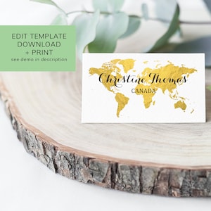 Wedding Place Card Template - Gold Map - Where in the World are you Sitting? - Edit, download and print!