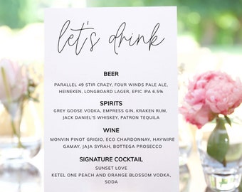 Drinks Bar Menu Template - Instant Download Customize Bar Sign, Wedding and Events Bar Sign, Printable Bar Sign, Signature Drinks