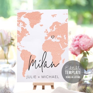 Reise Thema Tischschild - Tischschild Vorlage - Aquarell Karte - Wo in der Welt sitzen Sie Tischschilder - DIY - Rose Gold Karte