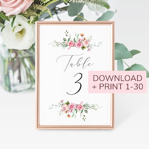 Hochzeit Tischnummern 1-30 - Light Rose Floral Tischnummer - Herunterladen und Drucken 5x7 Zoll
