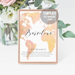 Reisethema Table Sign - Warum wir es lieben - Table Sign Template - Blush and Gold Map