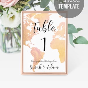Reise Thema Tischschild - Tischnummern - Tischschild Vorlage - Blush und Gold Karte - Sofortiger Download, Erstellen und Herunterladen