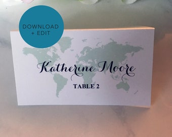 Mint Map Place Card - Wedding Name Card - Travel Theme Wedding Decor - Instantly download and edit