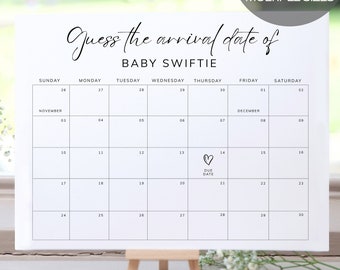 Minimalist Baby Due Date Calendar, Baby Shower Game, Floral, Guess Baby Birth Date, Editable Baby Prediction, Due Date Game, Baby Date Pool
