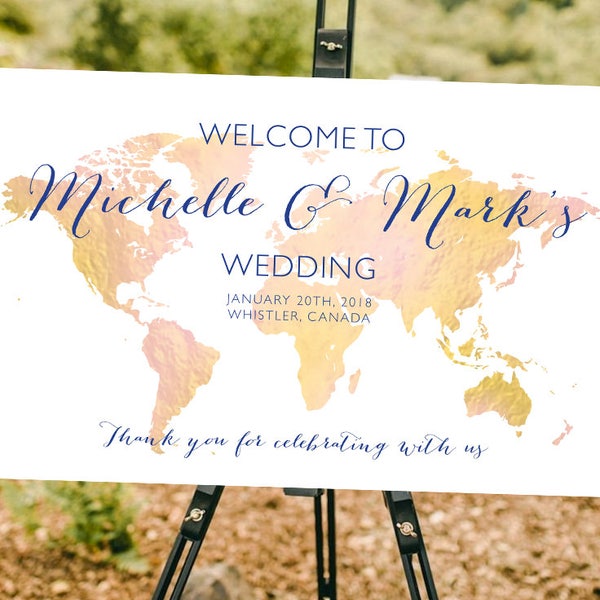 Travel Theme Welcome Sign for Engagement Parties, Wedding, Anniversaries - Customize map and text color