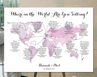 Purple Watercolor World Map Sitting Plan - DIGITAL FILE - Where in the World Are You Sitting? - Customize Text and Color