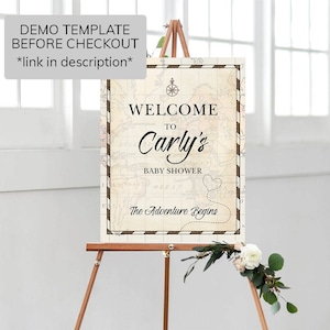 Vintage travel theme Welcome Sign - Vintage Map Welcome Sign Template - Baby Shower The Adventure Begins Printable Sign - Vintage Map