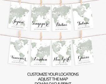 Travel theme Table Sign - Table Sign Template - Watercolor Map - Where in the world are you sitting table signs - DIY