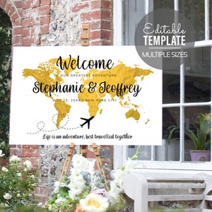 Welcome World Map for Travel Theme Weddings and Events - Custom Digital Printable File - Calligraphy Names, Gold Map