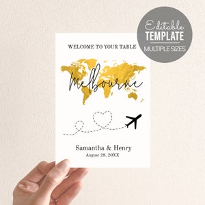 Goldenes Karten-Tischschild, Reise-Thema-Tischschild, Hochzeitstischschild, Hochzeitsvorlage, Willkommen an Ihrem Tisch, Flugweg, benutzerdefiniertes Zeichen