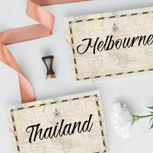 Reise Thema Vintage Weltkarte Tischzahlen - Benutzerdefinierte druckbare Tischnamen - Städte, Länder - Benutzerdefinierte druckbare Tischschild - DIGITAL ITEM