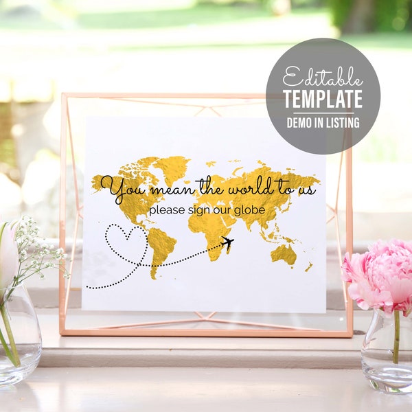 World Map Custom Guest book, Sign our guest Globe, Welcome, Event, Travel Theme Wedding, Baby Shower, Bridal Shower, Custom Editable Sign