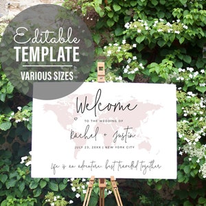 Map Welcome Sign for Weddings and Events - DIY Custom Template - Edit and download Instantly - Travel Theme - Adventure Awaits - Neutral
