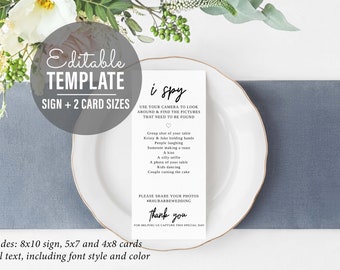 Wedding I Spy - Fillable and Editable file - Photo Hunt - Disposable Camera Wedding Game - Hashtag Sign and I spy cards - Instant download