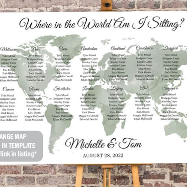 Where in the World Are You Sitting Travel Theme Seating Plan for Weddings and Events - Seating plan template - DIY Watercolor Map