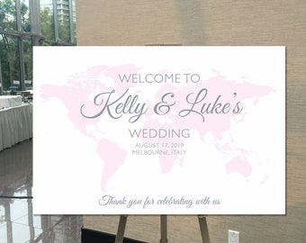 World Map Welcome Sign for Engagement Parties, Wedding, Anniversaries, Baby Showers - Customize map and text color