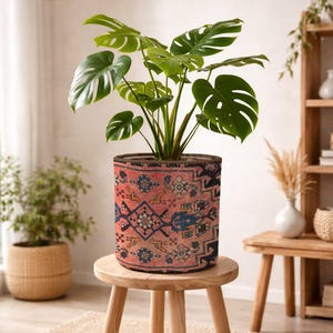 Coral Navy Geometric Planter Cover, Decor Basket Planter Cover, Vintage Rug Plant Pot Cover, Turkish Kilim Basket Planter, Plant Lover Gift
