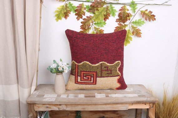 Antike Kissen, Geschenkkissen, 18x18 Vintage Kelim Kissen, Vintage Kissen, roter Kissenbezug, doppelseitiges Kissen, sechseckiges Kissen,