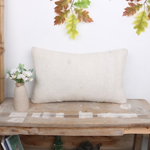 Handmade Kilim Cushion, Pillow for Couch, 12x20 Vintage Kilim Pillow, Vintage Pillow, White Pillow, Bohemian Lumbar Pillow, Hemp Pillow,