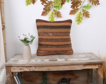 Vintage Kilim Pillow, Kilim Pillow, 14x14 Turkish Pillow, Pillow for Couch, Brown Pillow Cover, Classic Stripe Design Pillow, Home Decor,
