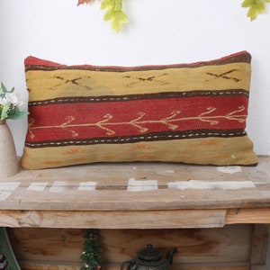 Ethnical Kilim Rug Pillow, Home Decor Pillow, 12x24 Boho Pillow Sham Cover, Yellow Cushion, Turkish Lumbar Pillow, Patterned Pillow,