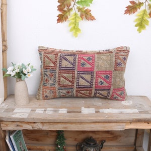 Almohadas antiguas, almohada de diseño de interiores, almohada Kilim turca de 12x20, almohada para sofá, cojín rosa, almohada rectangular, almohada estampada,