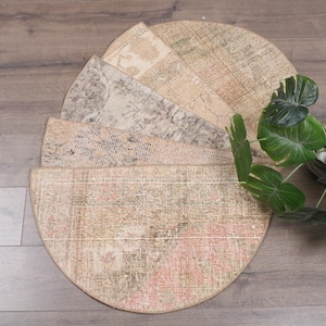 Può includere: Un set di cinque tappeti rotondi con motivi beige e marroni disposti in cerchio su un pavimento in legno. Una pianta verde frondosa si trova sullo sfondo.