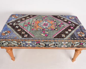 Kilim Bench,  Ottoman Bench, Upholstered Bench, Turkish Rug Bench, Home Decor Bench, Handmade Bench,Ethnic Pattern Bench, Bench For Bedroom