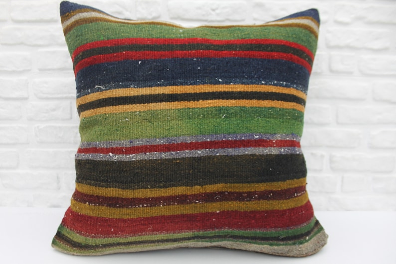 Large Pillow 227 Cushion Cover 28x28 Ethnic Pillow Turkish Kilim Pillow Decorative Pillow Striped Pillow Green Pillow Throw Pillow