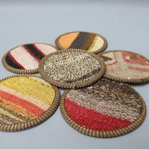 Kilim Coaster, Gift For Her, Set Of Six, Red Pad, Striped Pad, Non Slip Coaster, Stylish Rug Coaster, Coffee Coaster, Vintage Coaster,