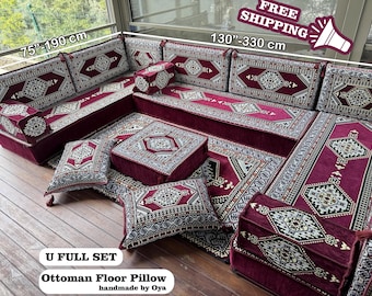 Ensemble de canapés de sol en forme de U, ensemble de canapés de sol turcs, sièges de sol ethniques, canapé fait main, canapé de style tribal, salon bohème oriental, coussin Kilim