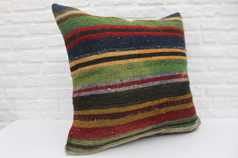 Large Pillow 227 Cushion Cover 28x28 Ethnic Pillow Turkish Kilim Pillow Decorative Pillow Striped Pillow Green Pillow Throw Pillow