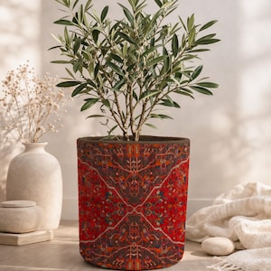 Decor Basket Planter Cover, Red Vintage Rug Plant Pot Cover, Kilim Planter Basket, Boho Indoor Plant Decor, Housewarming Gift