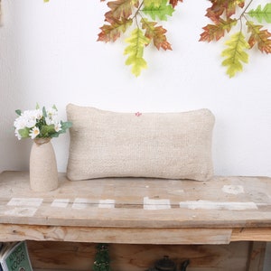 Turkish Pillow, Gift Pillow, 8x16 Handmade Kilim Cushion, Vintage Kilim Throw Pillow, White Cushion, Rectangular Pillow, Hemp Pillow,