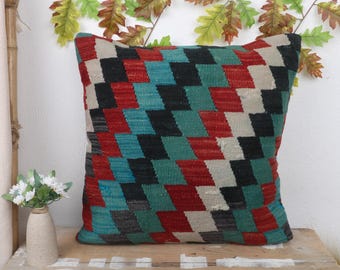 Pillow for Couch, Interior Designer Pillow, 24x24 Boho Pillow, Vintage Kilim Throw Pillow, Green Pillow Cover, Geometric Pattern Pillow,