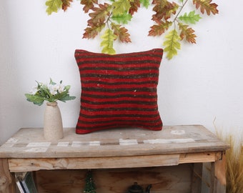 Handmade Kilim Cushion, Kilim Pillow, 14x14 Throw Kilim Pillow, Turkish Pillow, Red Pillow, Classic Stripe Design Pillow, lumbar pillow,