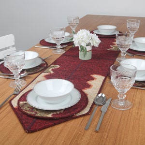 Kilim Table Runner and Set Of Six Supla, Service Rug Placemat, 12x56, Red Patchwork Runner Set, Kitchen Decor, Rug Decoration Underplate, 1