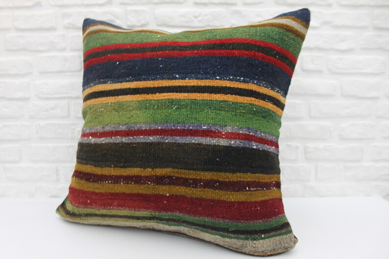 Large Pillow 227 Cushion Cover 28x28 Ethnic Pillow Turkish Kilim Pillow Decorative Pillow Striped Pillow Green Pillow Throw Pillow