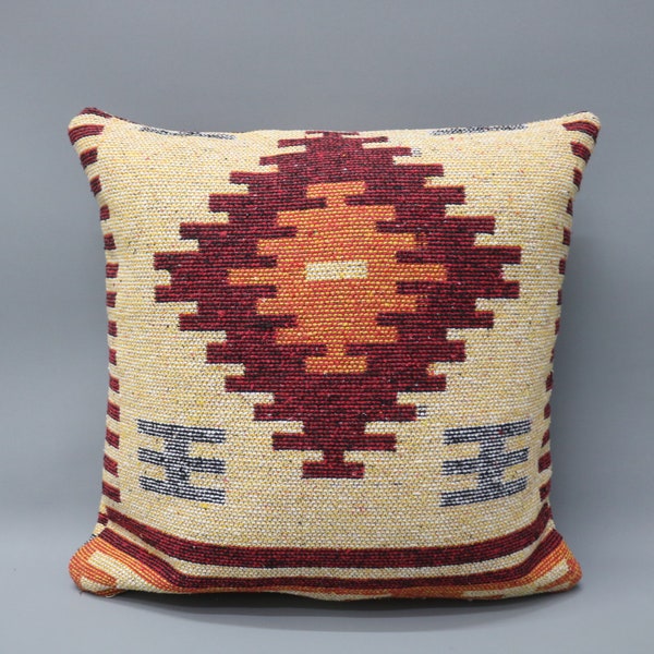 Turkish Pillow, Kilim Pillow, Turkish Kilim Pillow, Kilim Pillow Cover, 20x20 Red Cushion, Both Sided Pillow, Patterned Pillow,  7556