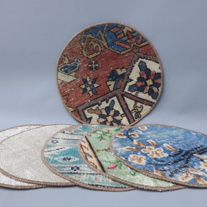 Table, Set Of Six, Gift For Her, White Supla, Rug Coaster, Antique Rug Supla, Carpet Supla, Oriental Carpet Supla, Round Placemat,