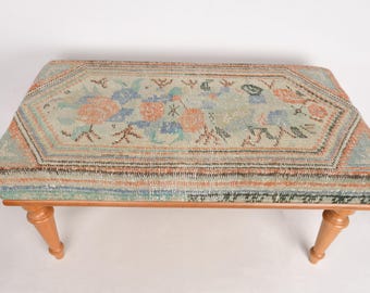 Flower Pattern Bench, Coffee Bench, Ottoman Bench, Upholstered Bench, Turkish Rug Bench, Kilim Bench, Home Decor Bench, Handmade Bench